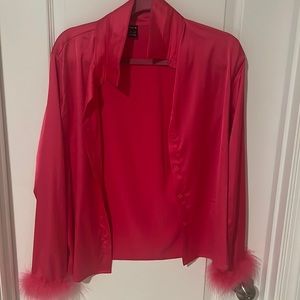 Satin, button up with feather sleeves